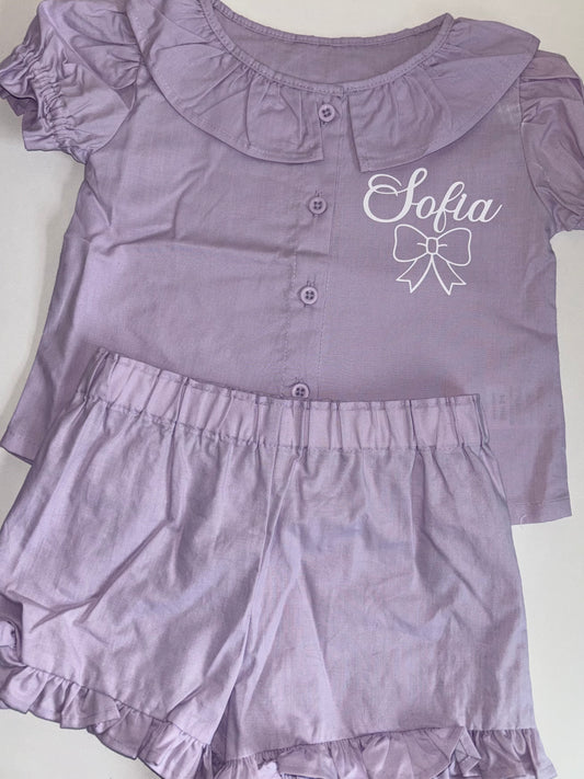 Purple frilly shorts pyjamas