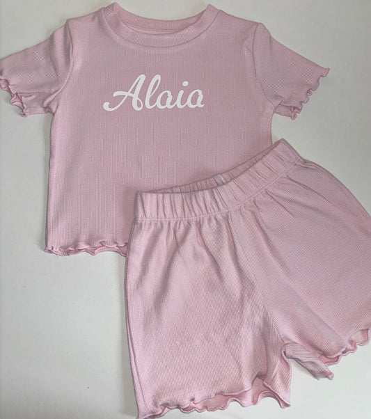Pink ribbed shorts set