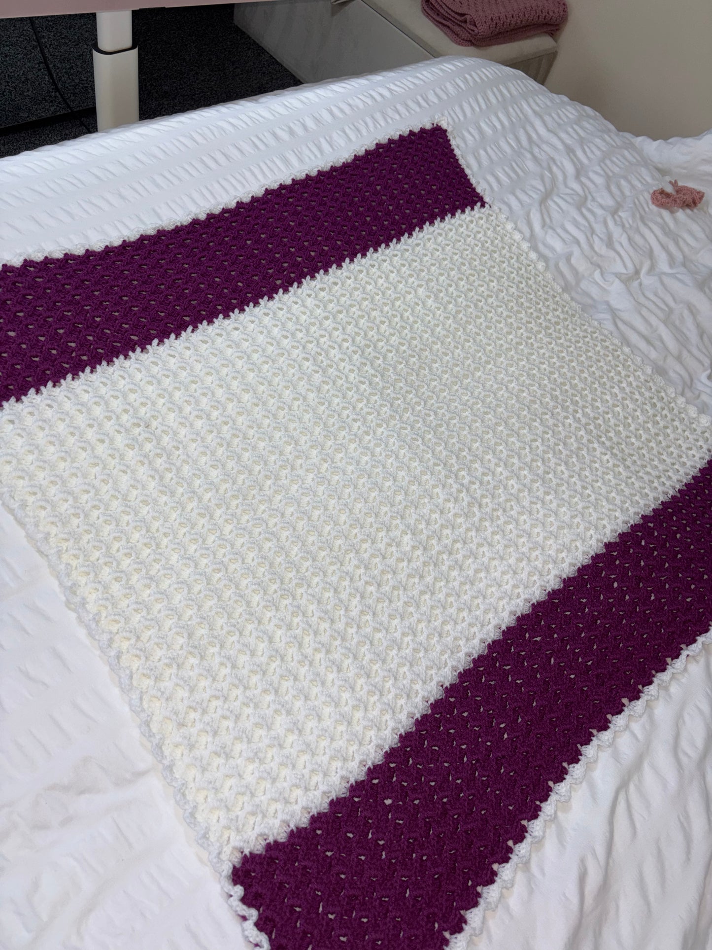 Purple/white crochet blanket - instant dispatch