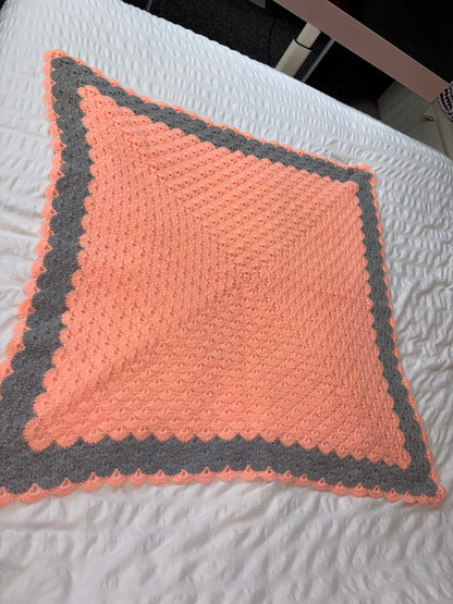 Coral/grey crochet blanket - instant dispatch
