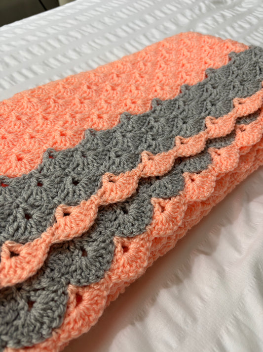 Coral/grey crochet blanket - instant dispatch