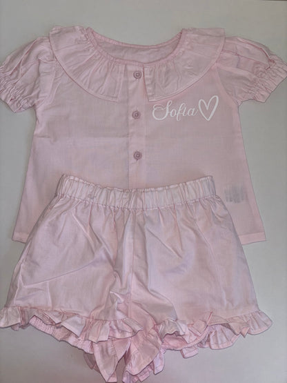Pastel pink frilly shorts pyjamas