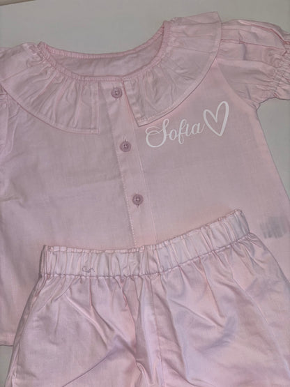 Pastel pink frilly shorts pyjamas