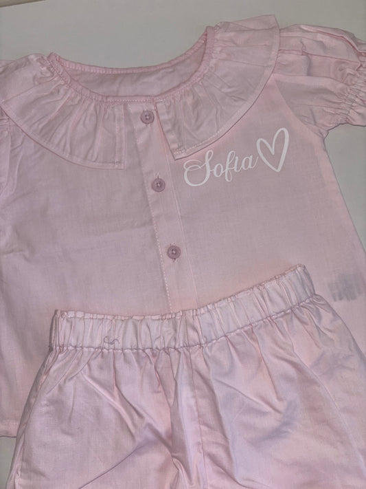 Pastel pink frilly shorts pyjamas